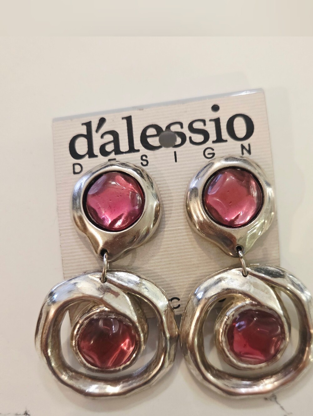 Huge Silver Round Purple Cabochon Vintage DALESSIO Earrings Clip On 1980s BOLD